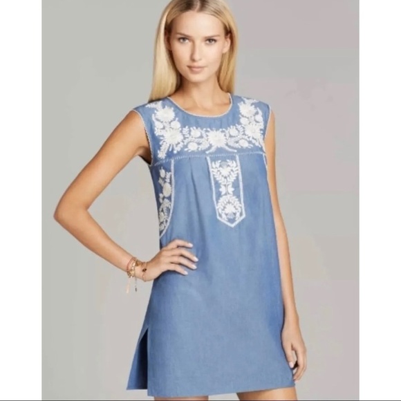 Tory Burch Sz XS Embroidered Chambray Tunic Calita Mini Shift Dress Scallop - Picture 6 of 12